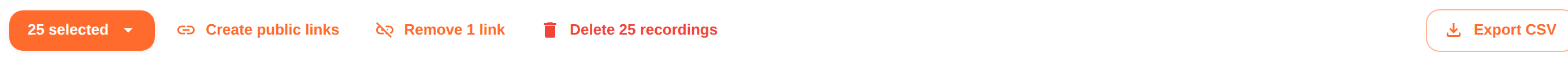 Bulk action bar with 25 selected, Create public links, Remove links, Delete recordings and Export CSV