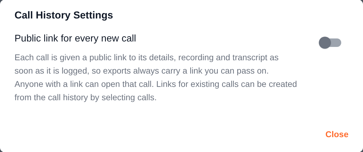 Call History Settings dialog with the Public link for every new call switch