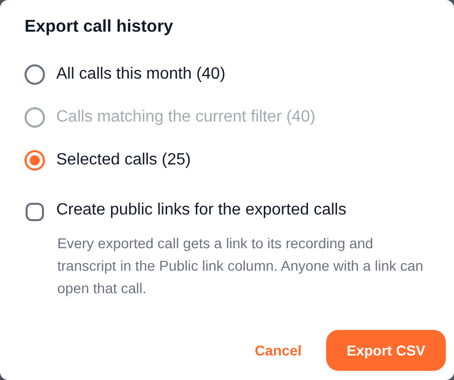 Export call history dialog with the scope options and the Create public links for the exported calls checkbox