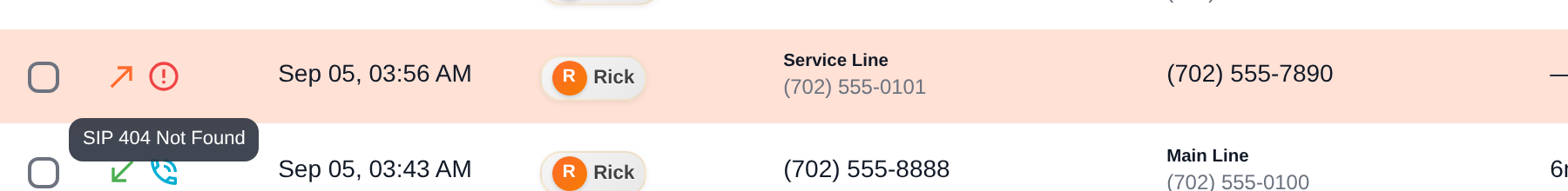 Hovering the red failed-call icon shows the reason, here SIP 404 Not Found