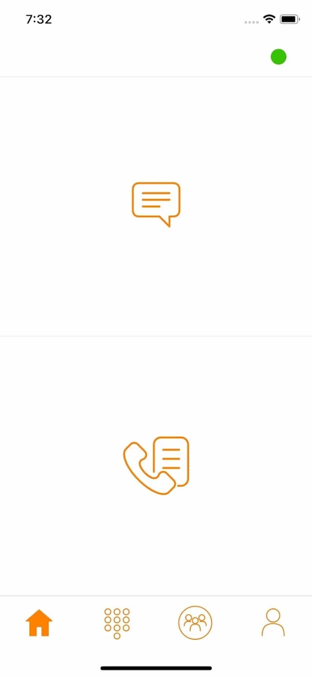 Tonet mobile app home screen showing messages and call history icons