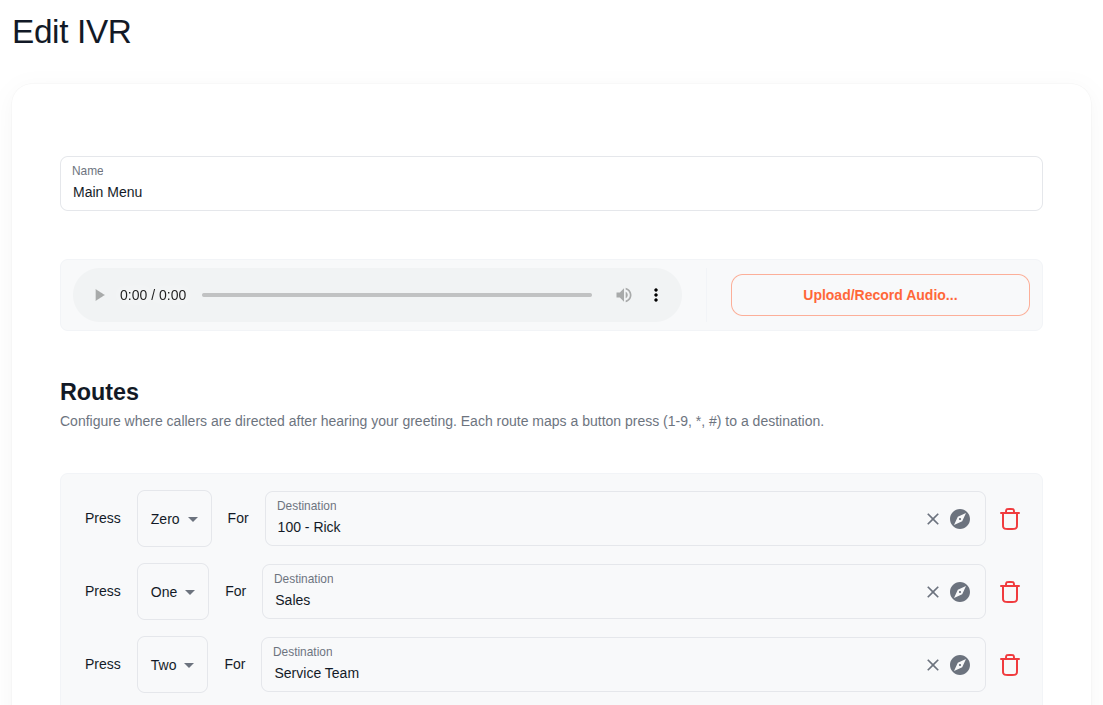 Edit IVR showing Main Menu with greeting audio player, Upload/Record button, and three routes configured
