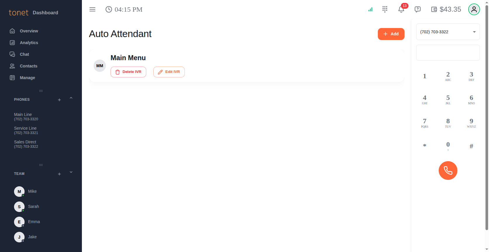 Auto Attendant list showing Main Menu with edit and delete buttons