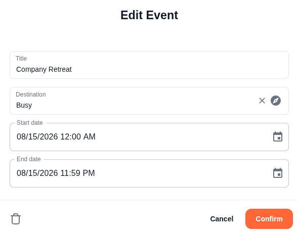 Edit Event dialog with title, destination, start date, and end date fields