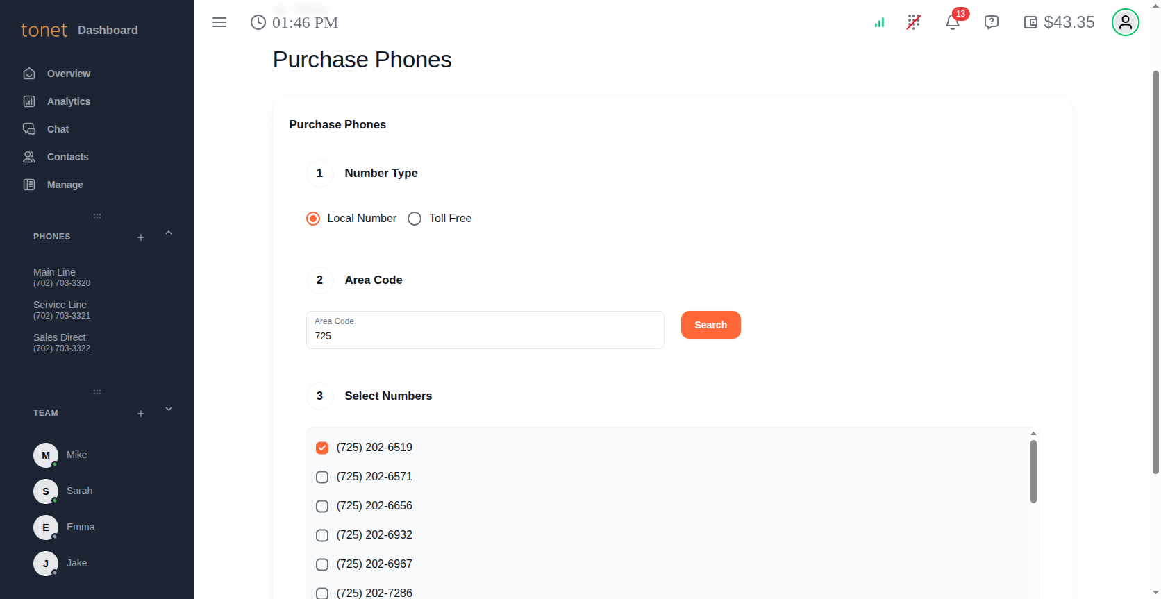 Purchase phone number flow with area code search and results