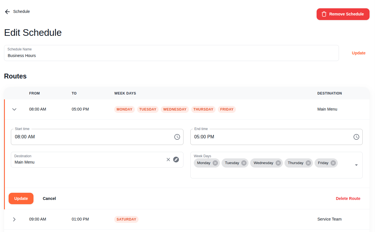 Schedule editor showing Business Hours with routes table, expanded route editor with time pickers and day selection