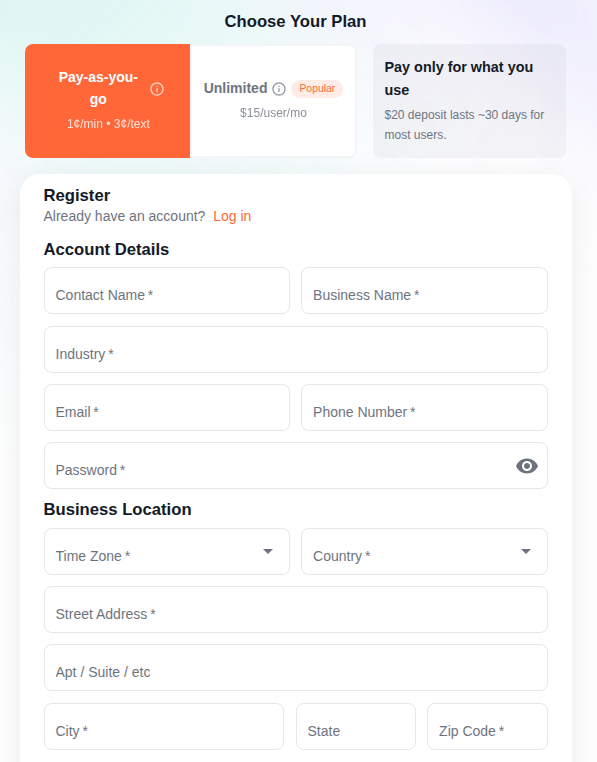 Tonet signup form showing plan selection, account details, and business location fields